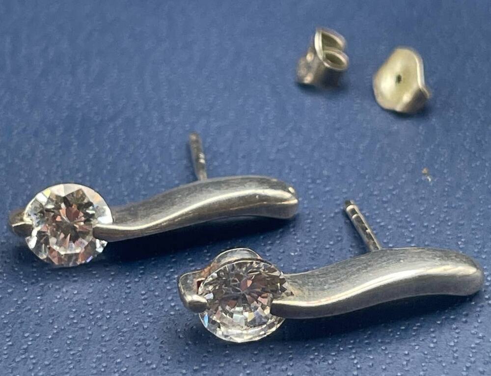 Sterling Silver Curved Drop Earrings Round CZ .75" Modernist Style 925 3.53g